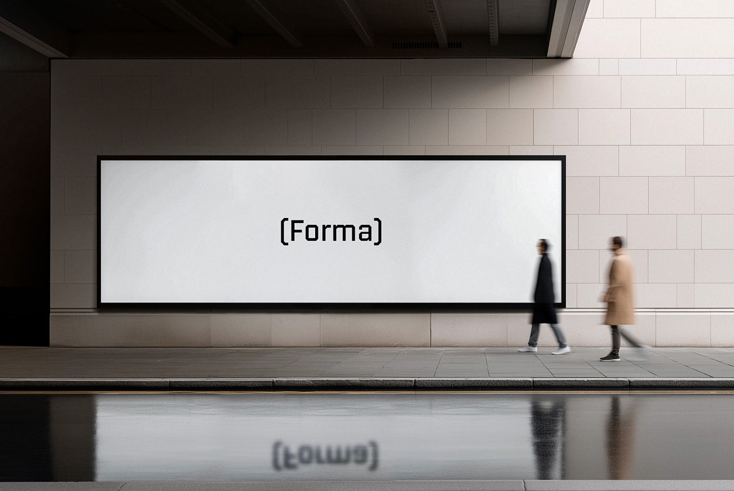 Long rectangular subway billboard with centered Forma logotype on white surface