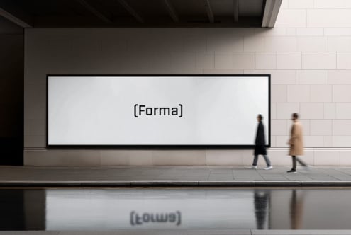 Long rectangular subway billboard with centered Forma logotype on white surface