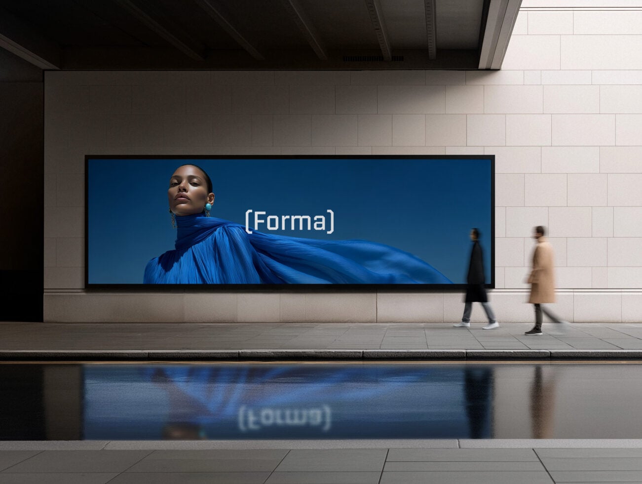 Subway billboard showing woman in blue fabric with Forma branding on deep blue