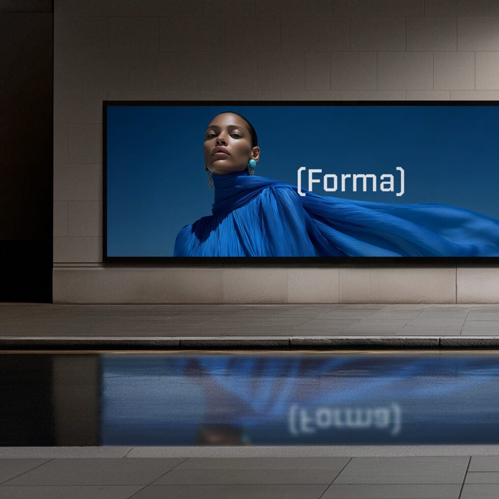 Horizontal display screen with flowing blue textile fabric photography with Forma