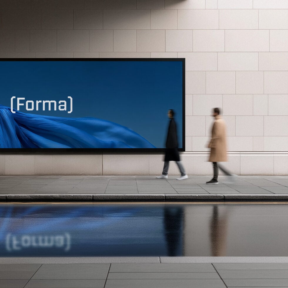 Subway billboard with Forma logo beside blue fabric textile design imagery