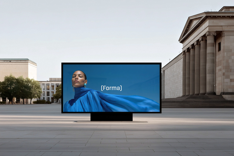 Outdoor billboard mockup showing woman in blue fabric against classical architecture