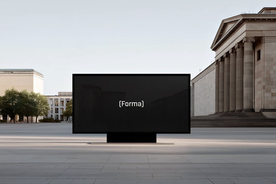 Blank outdoor billboard mockup in urban plaza with neoclassical buildings