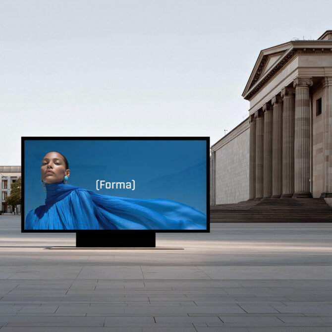 Outdoor billboard mockup with model in blue fabric