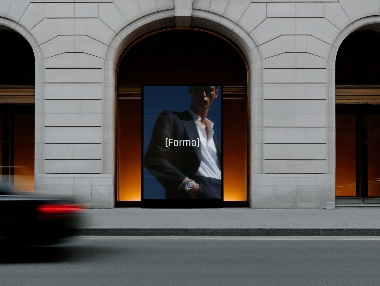 Storefront mockup featuring man in business attire on illuminated dark screen