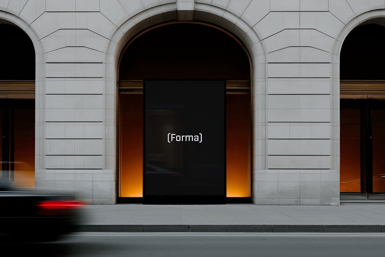 Empty storefront display in arched entryway with golden side lights, ready for custom content