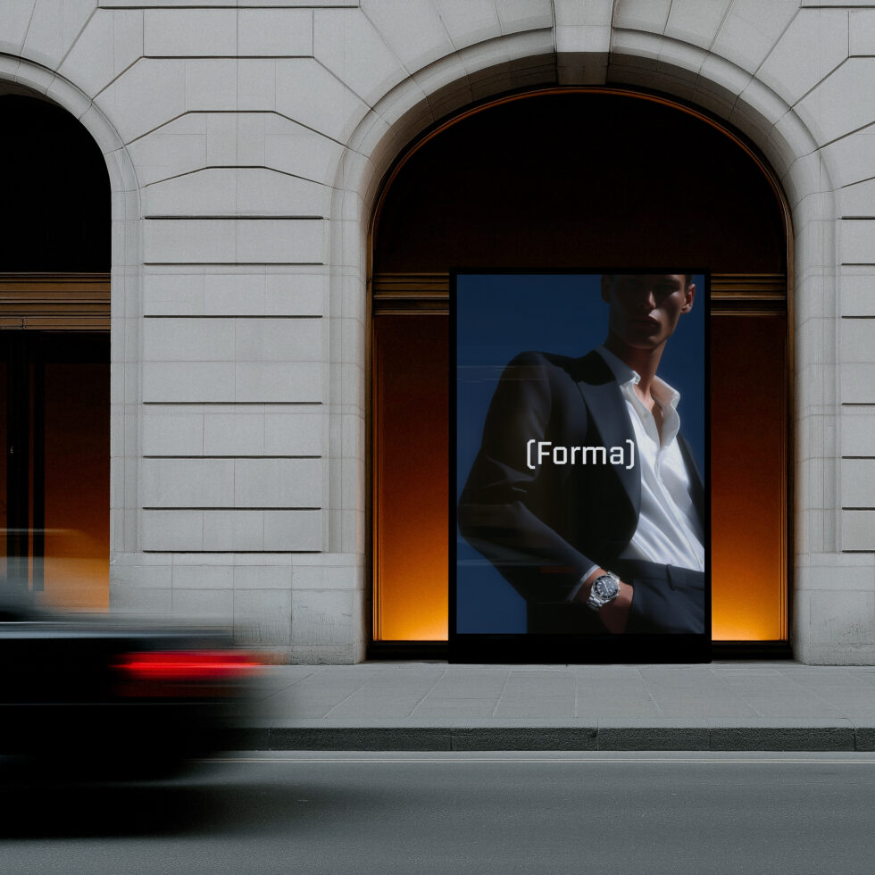 Storefront mockup displaying male model portrait against dark background