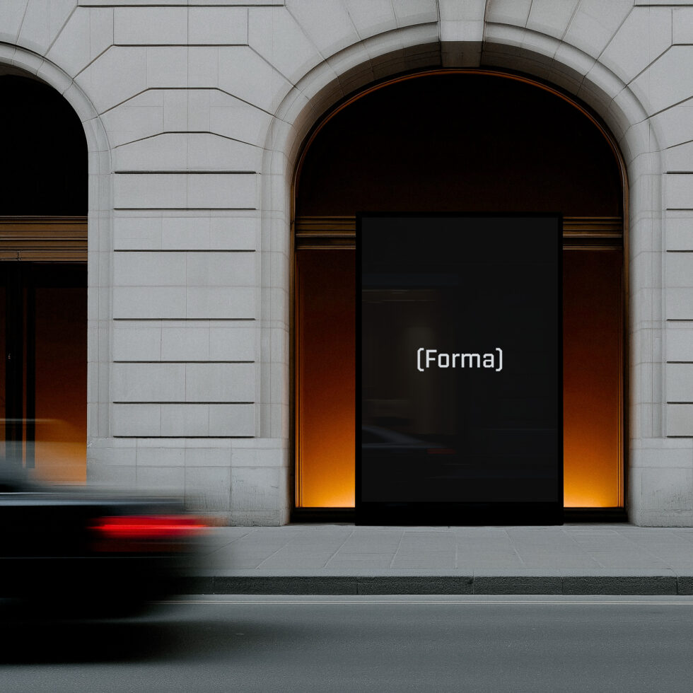 Blank storefront display mockup in stone archway with amber accent lighting