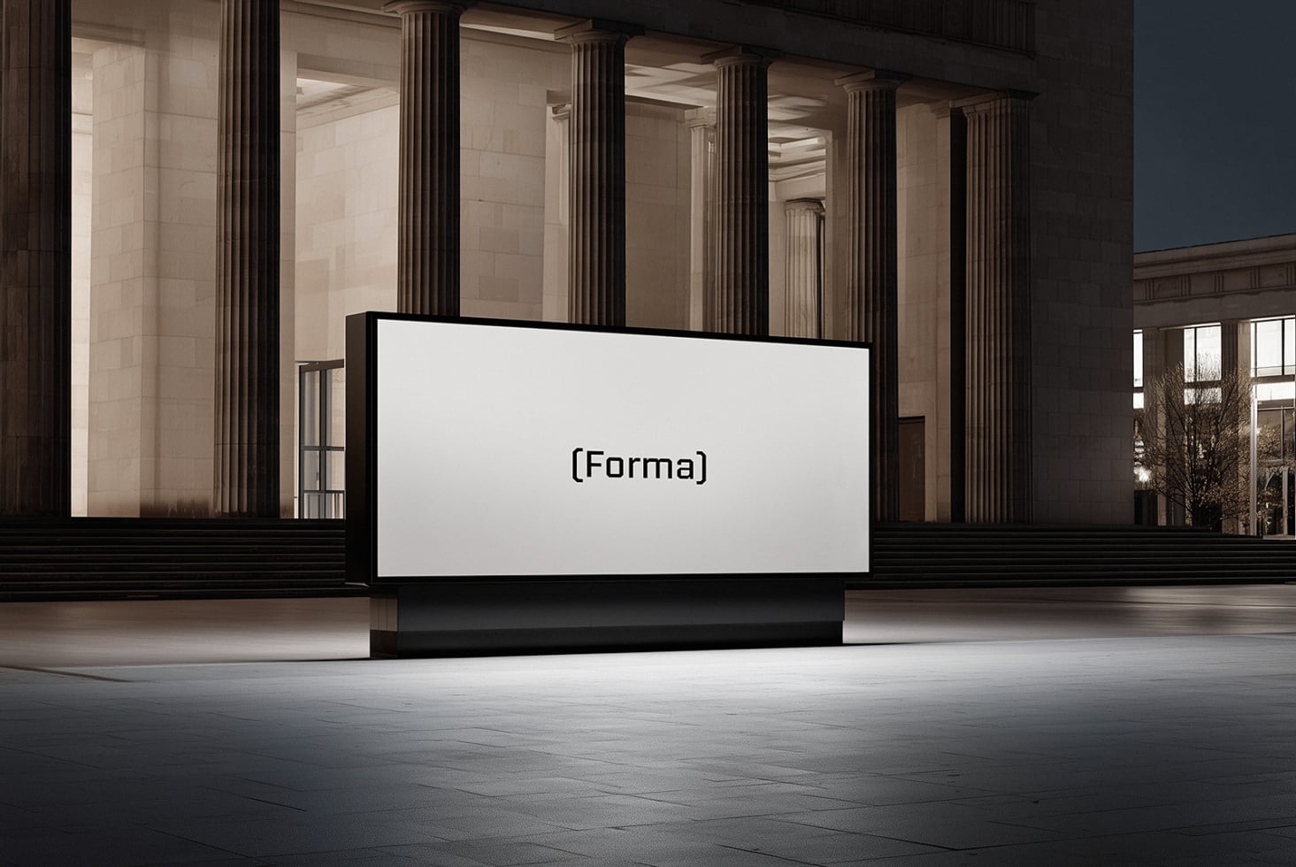 Wide horizontal billboard display in classical hall with minimal text composition