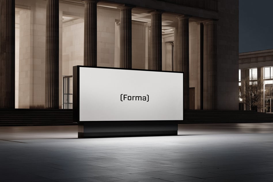 Wide horizontal billboard display in classical hall with minimal text composition
