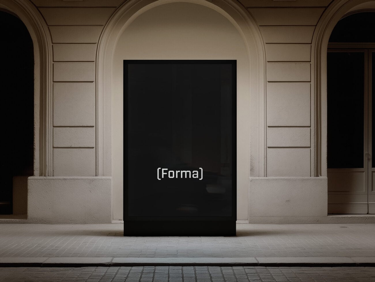 Blank black digital display centered in elegant neoclassical corridor with arches