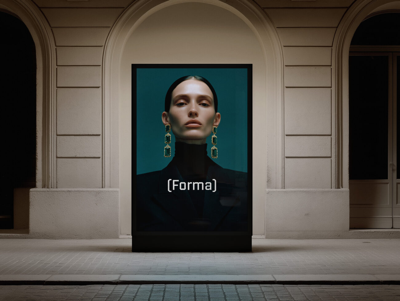 Gallery billboard mockup in classical archway with portrait display