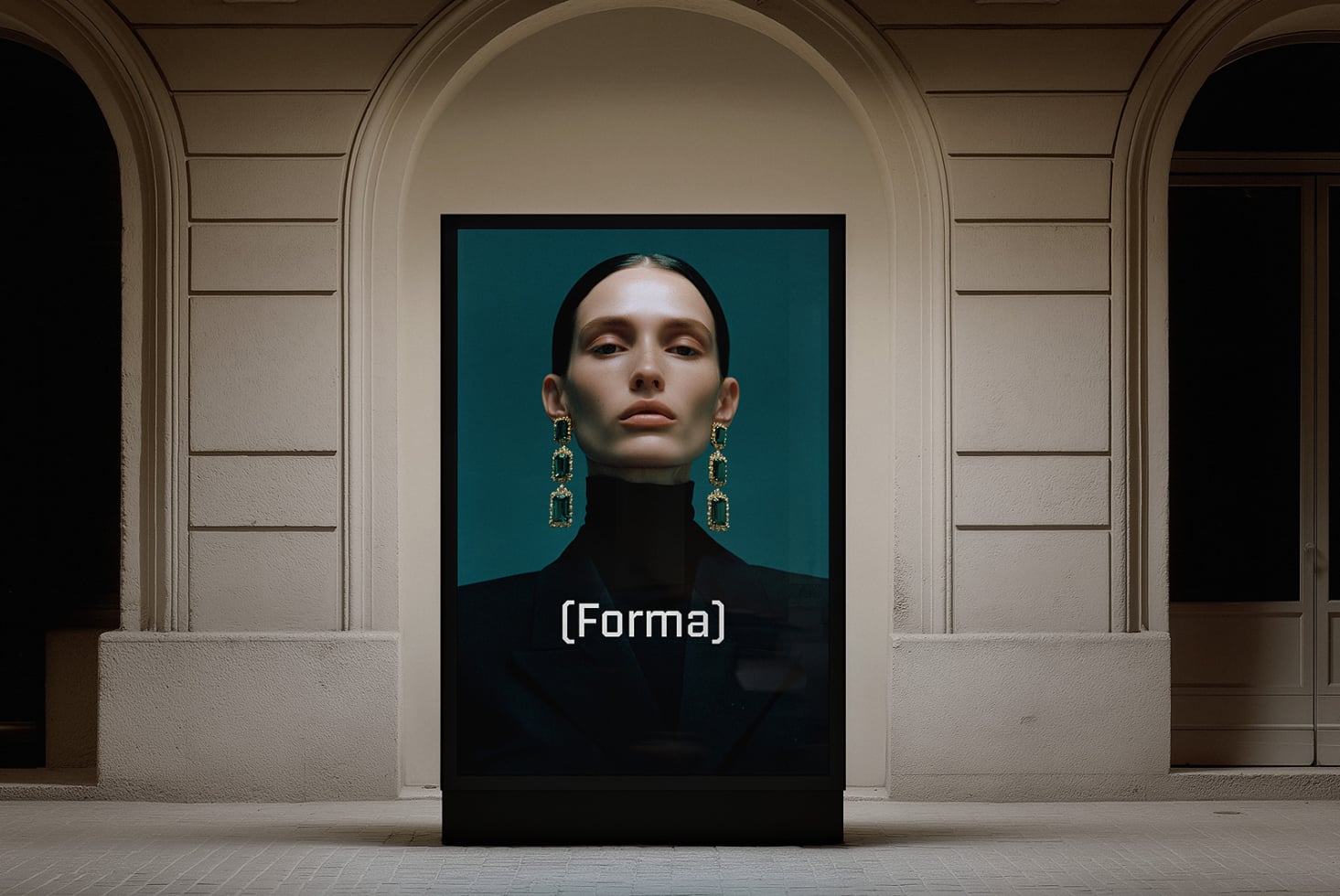 Portrait display with woman wearing statement gold drop earrings in classical gallery