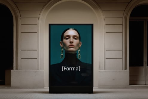 Portrait display with woman wearing statement gold drop earrings in classical gallery