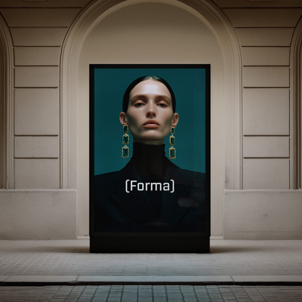 Black portrait display in minimal arch gallery space with woman wearing gold earrings