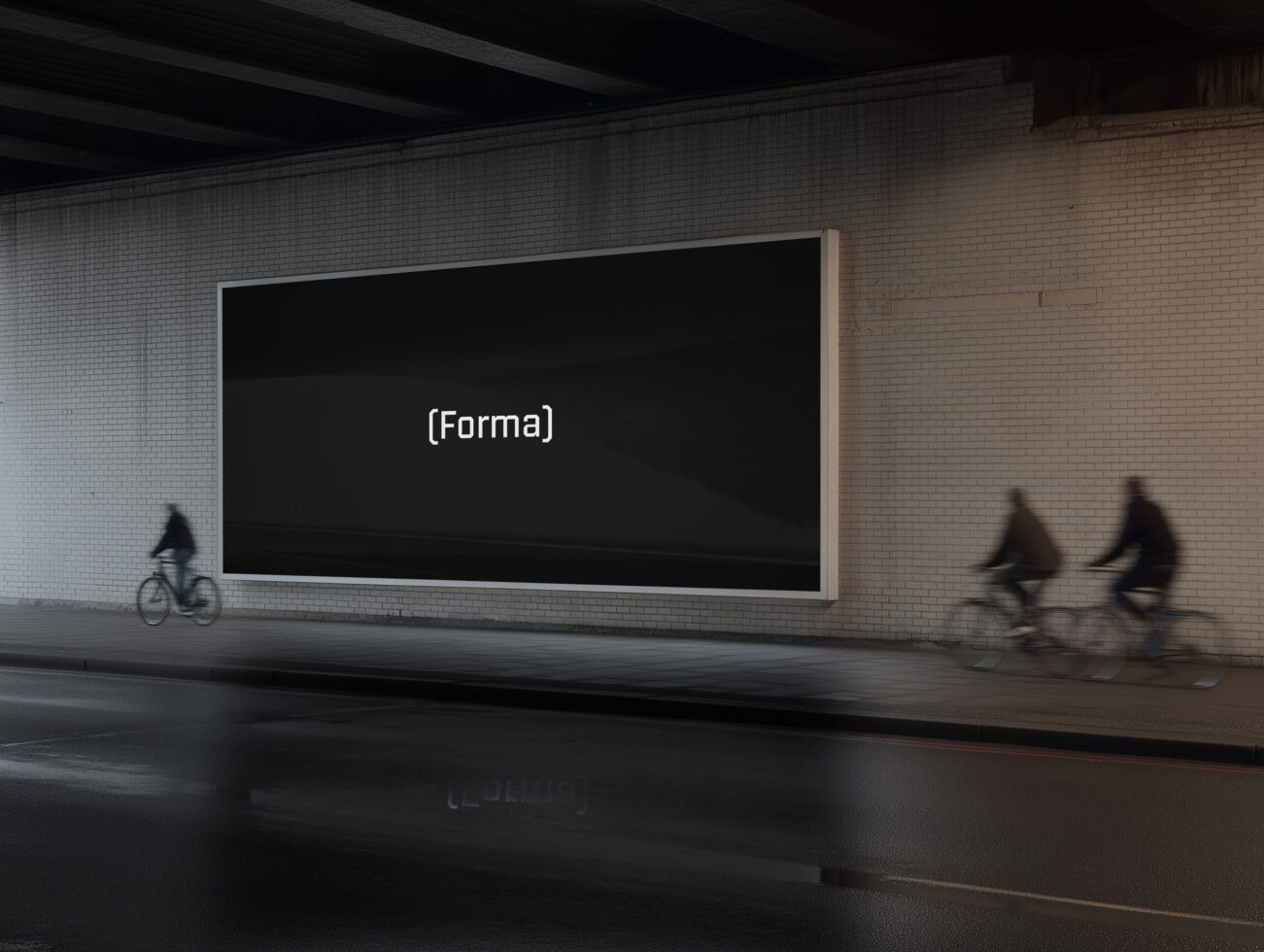 Large billboard with black screen displaying (Forma) text on brick wall