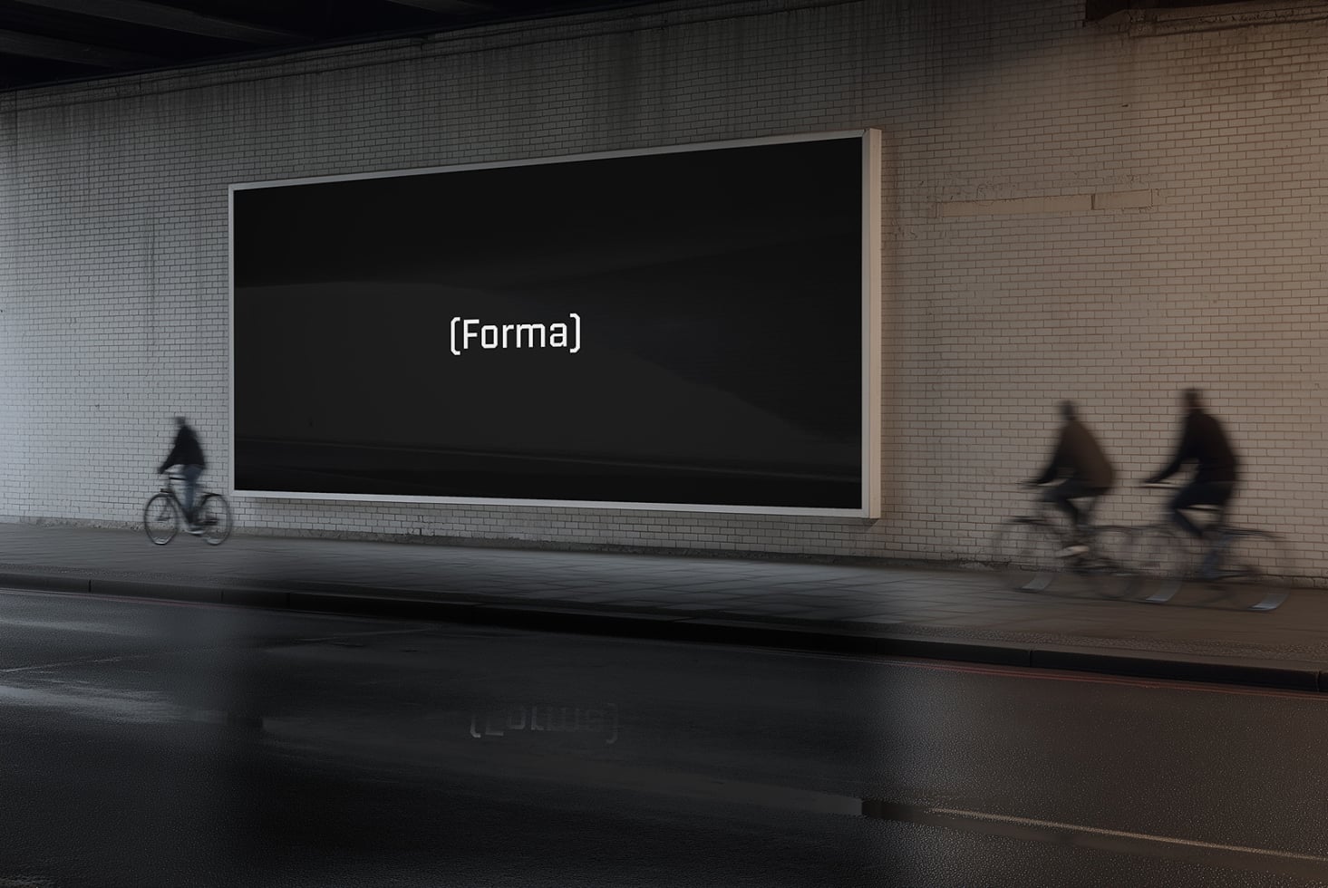 Horizontal billboard with black screen showing (Forma) in white letters