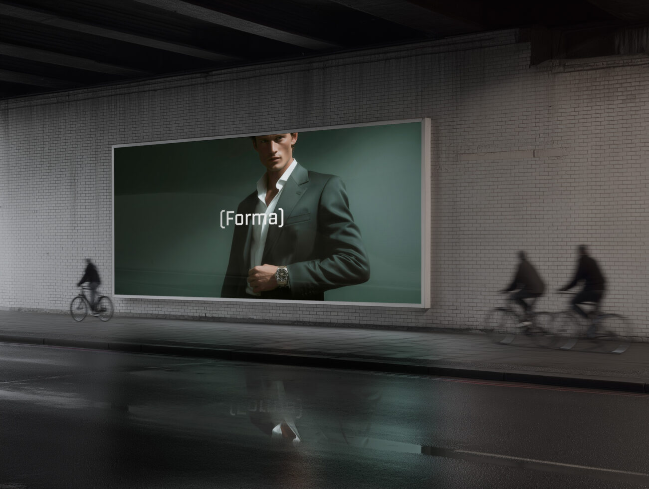 Man in green blazer on large subway billboard with motion-blurred commuters passing by