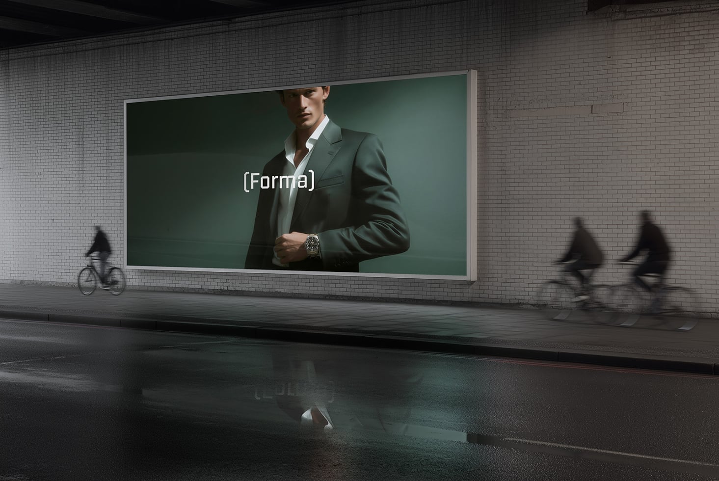 Street billboard displaying suited man in green blazer with (Forma) overlay text
