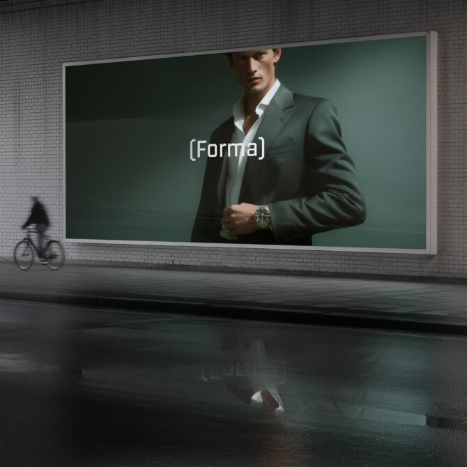 Outdoor screen showing man in green blazer with watch on green background