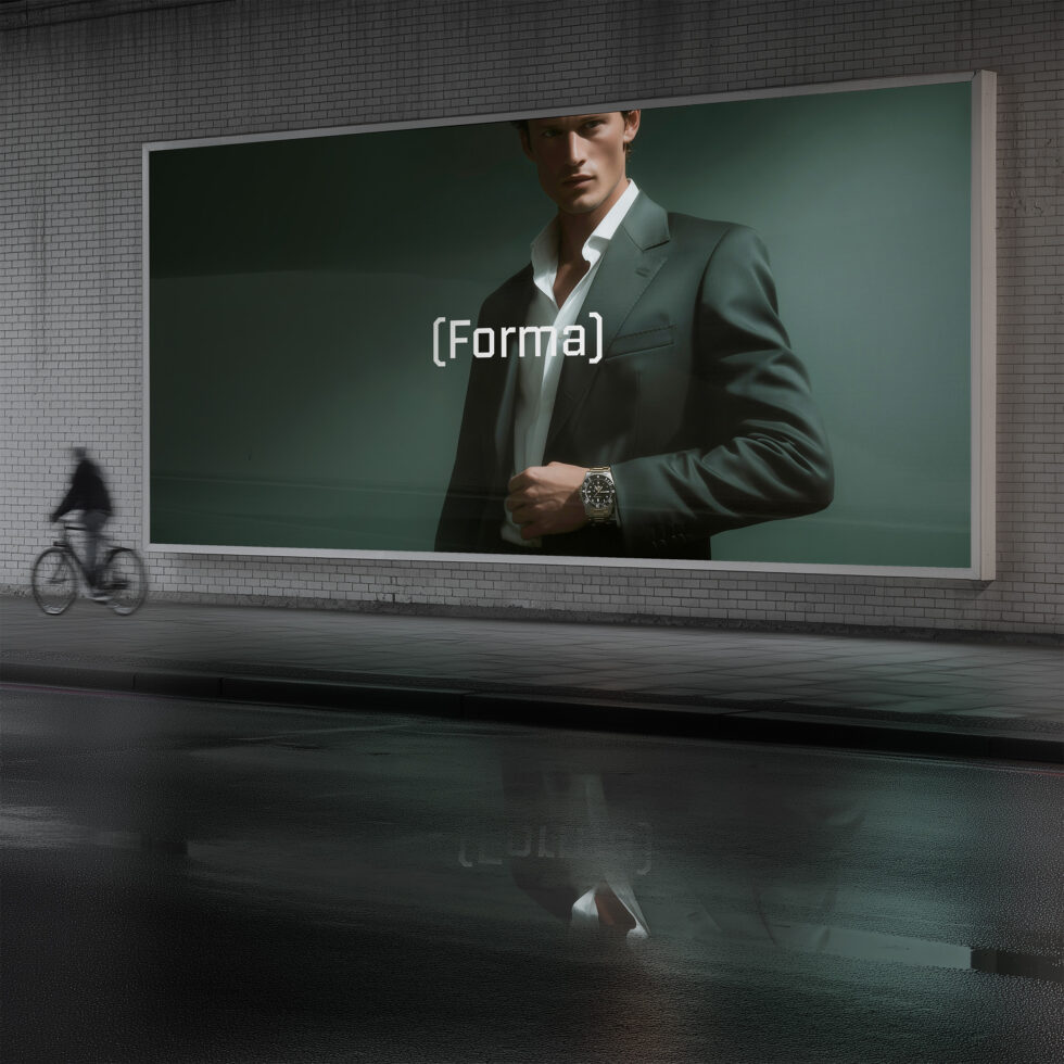 Outdoor screen showing man in green blazer with watch on green background