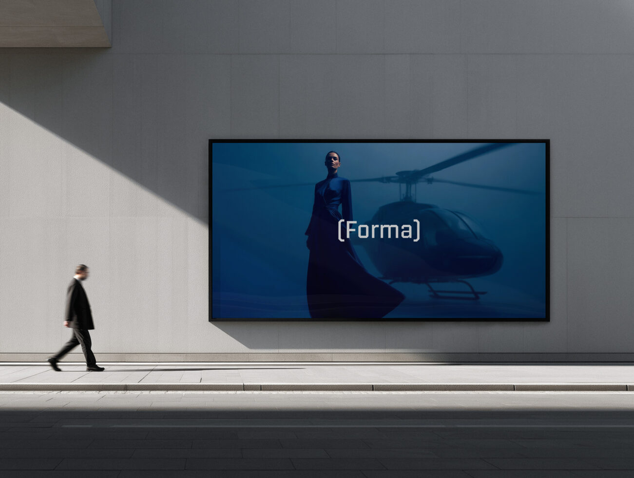 Man in dark suit walking past horizontal display with woman figure helicopter landscape