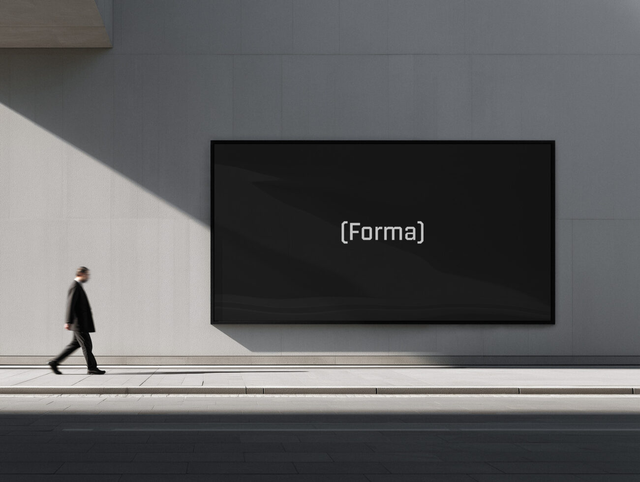 Dark minimal billboard mockup displaying Forma centered on black screen