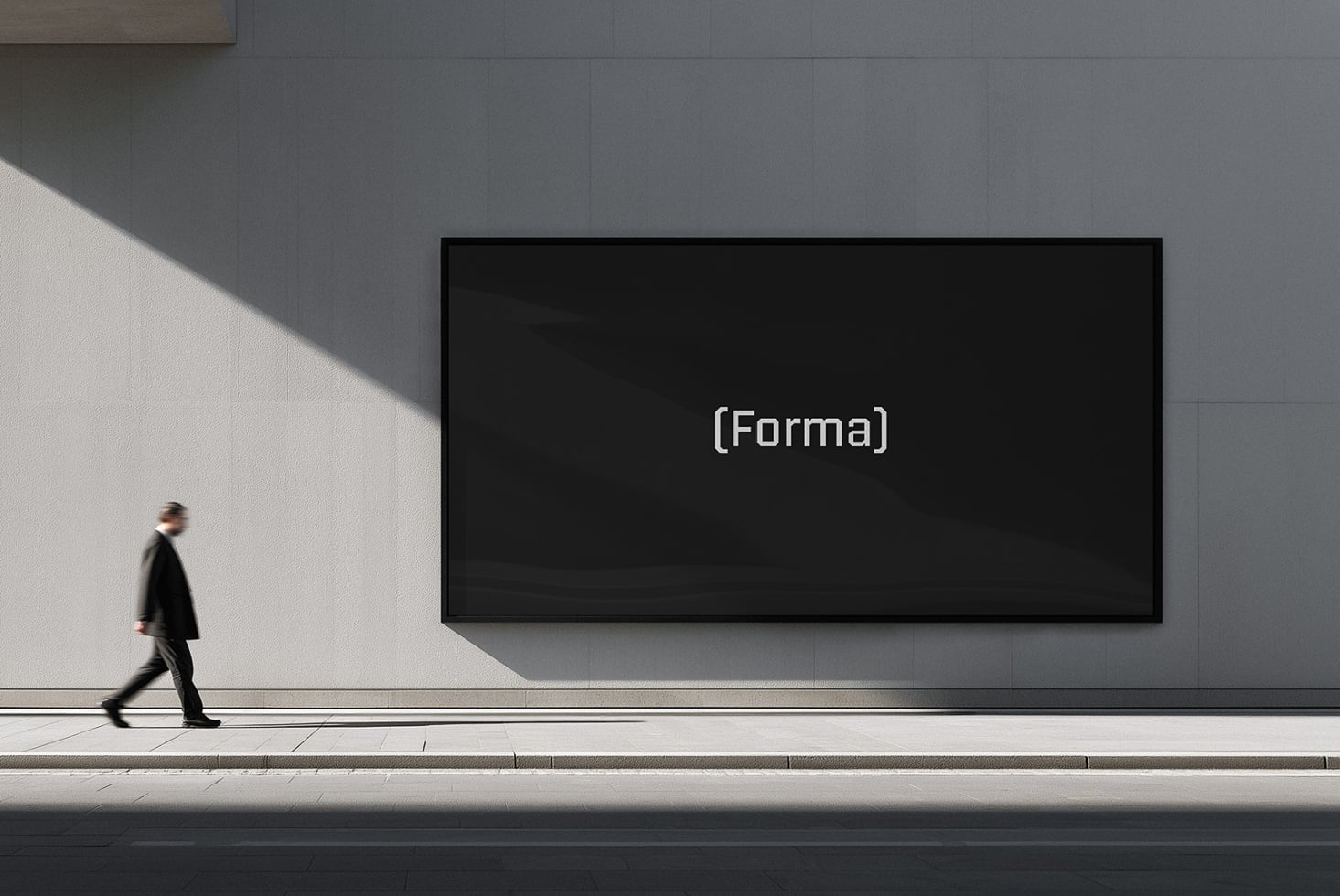 Minimalist black screen mockup with Forma branding centered on gray wall