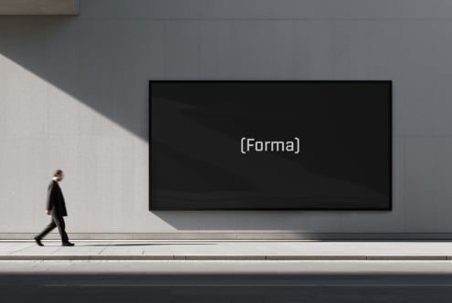 Minimalist black screen mockup with Forma branding centered on gray wall