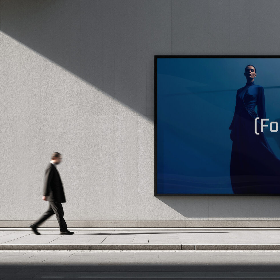 Person walking past large screen displaying blue cinematic scene with figure in coat