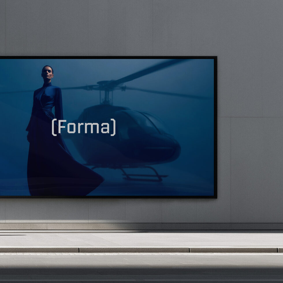 Wide format billboard mockup with Forma overlaid on cinematic blue toned image