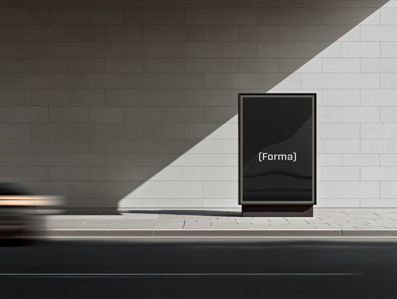 Minimal brick wall gallery mockup with framed black display on white tile floor, sharp shadows