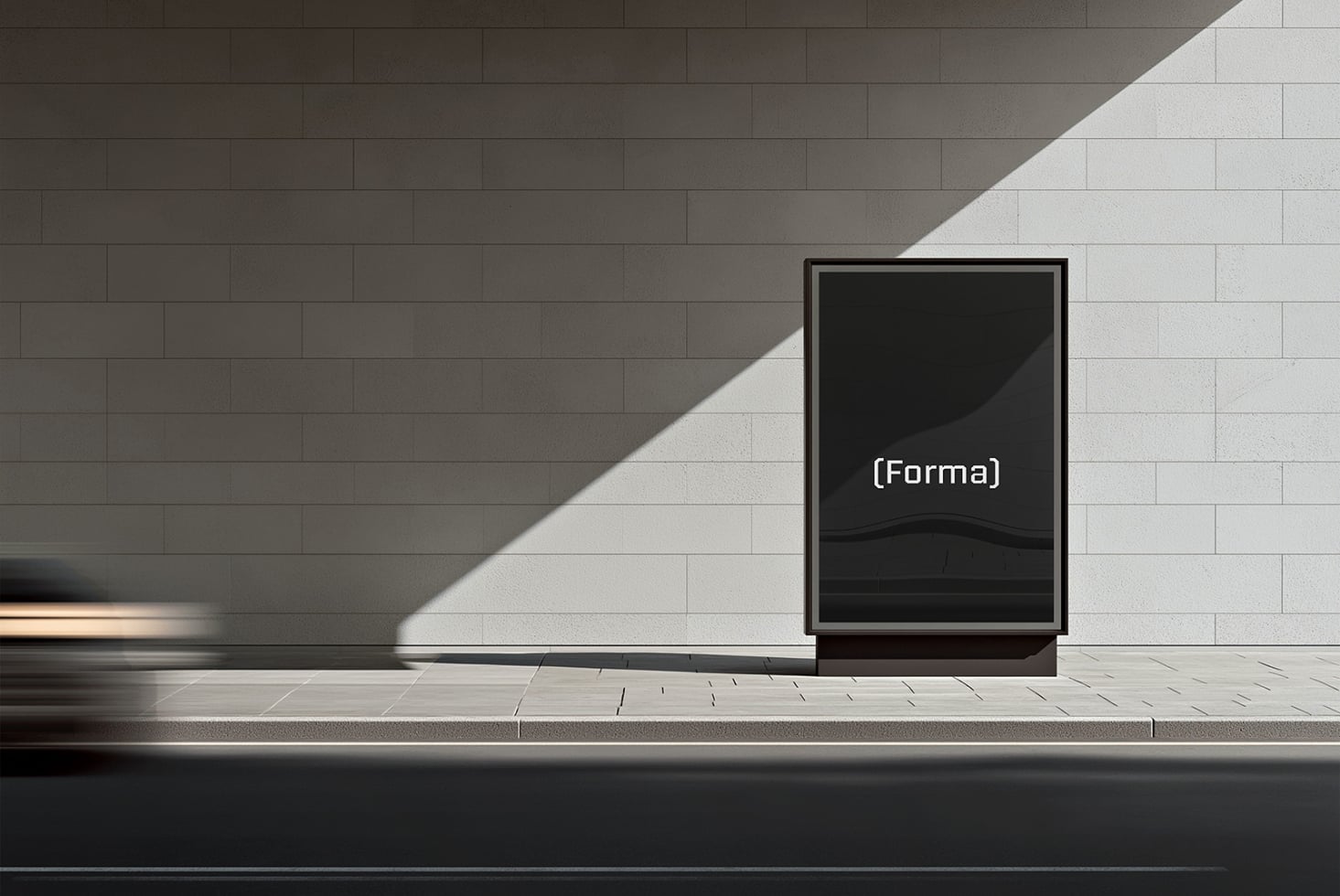 Minimalist billboard frame mockup with black screen, tile wall, bright natural light casting shadows