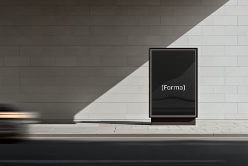 Minimalist billboard frame mockup with black screen, tile wall, bright natural light casting shadows