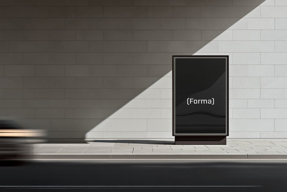 Minimalist billboard frame mockup with black screen, tile wall, bright natural light casting shadows