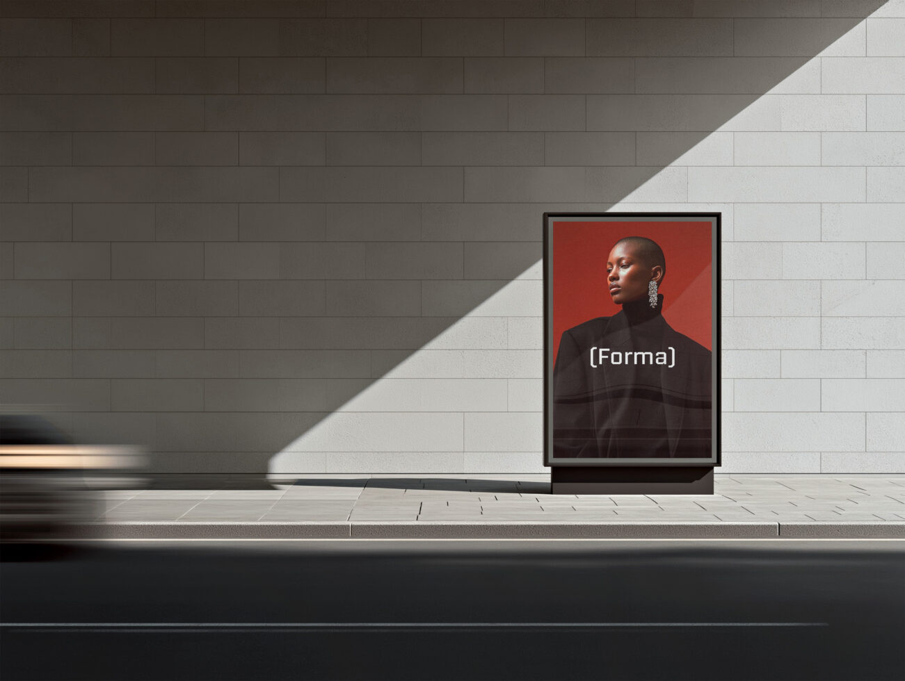 Portrait gallery display mockup on split brick wall, red background, woman in black turtleneck