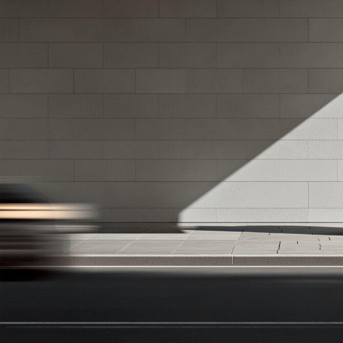 Empty gallery wall mockup with dramatic light, minimal tilework, clean modern space