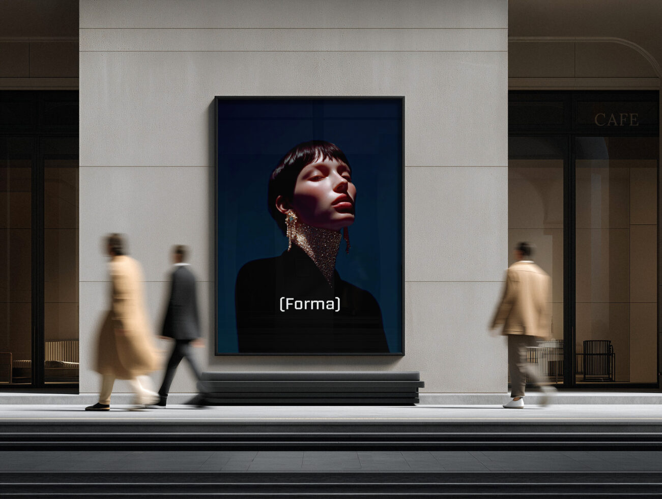 Street-level storefront with portrait photo on dark framed display sign