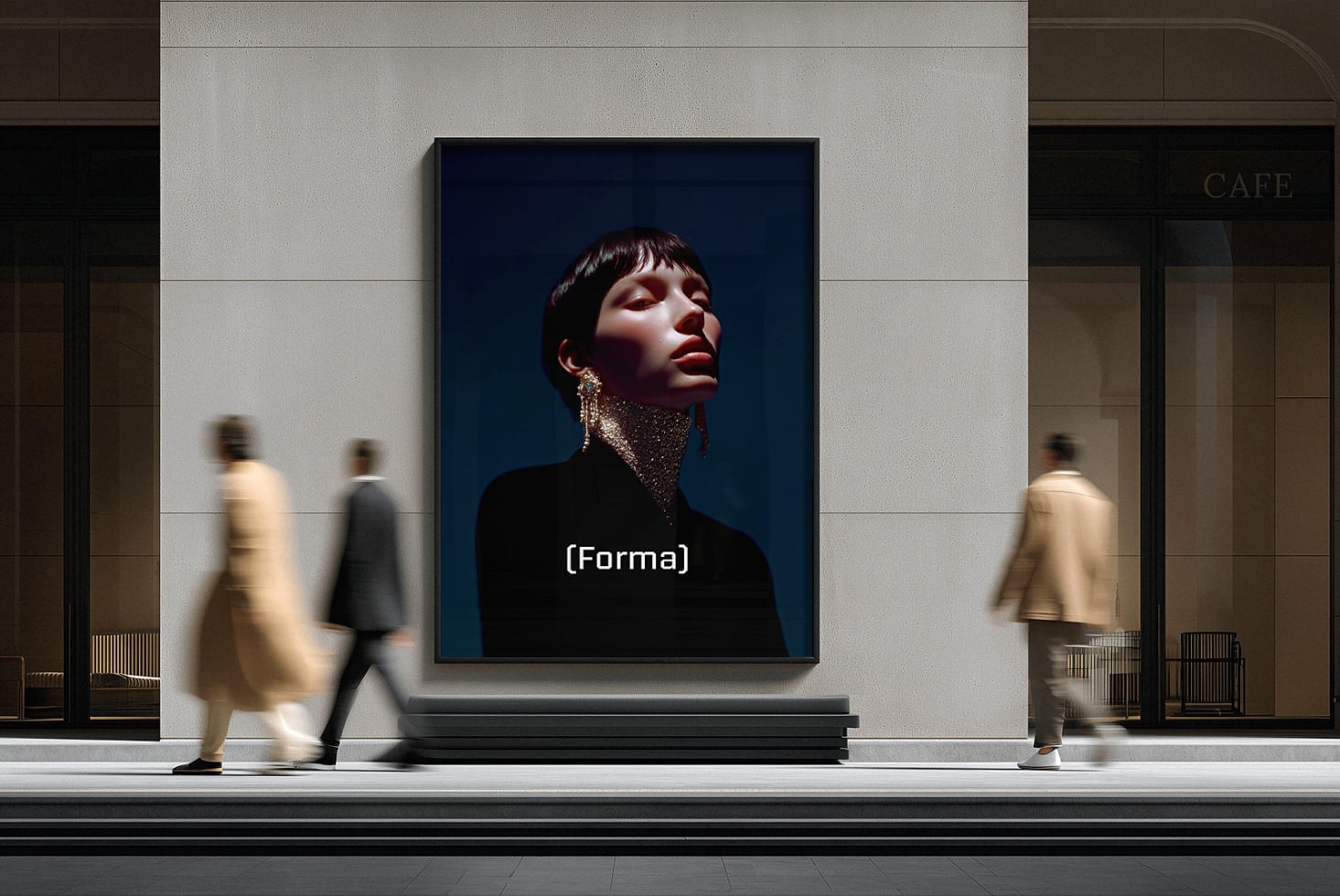 Portrait of person with dramatic lighting displayed on dark blue screen in modern gallery
