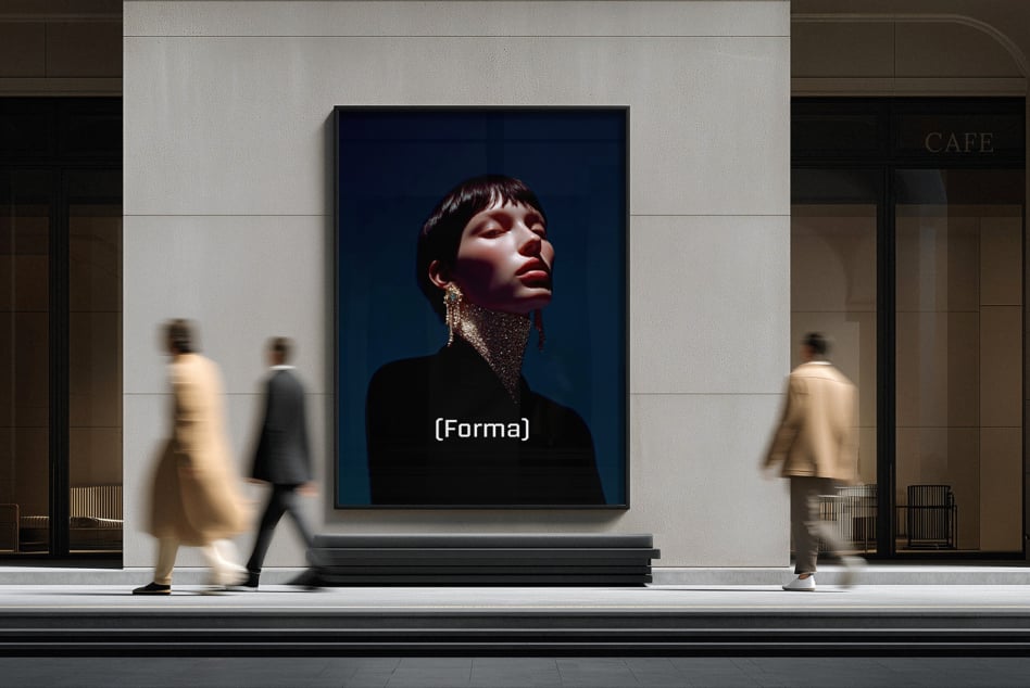 Portrait of person with dramatic lighting displayed on dark blue screen in modern gallery
