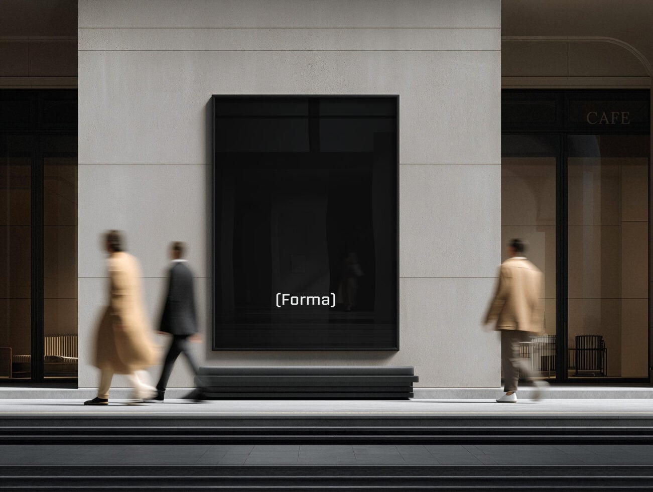 Retail window featuring empty black frame mockup on white building facade