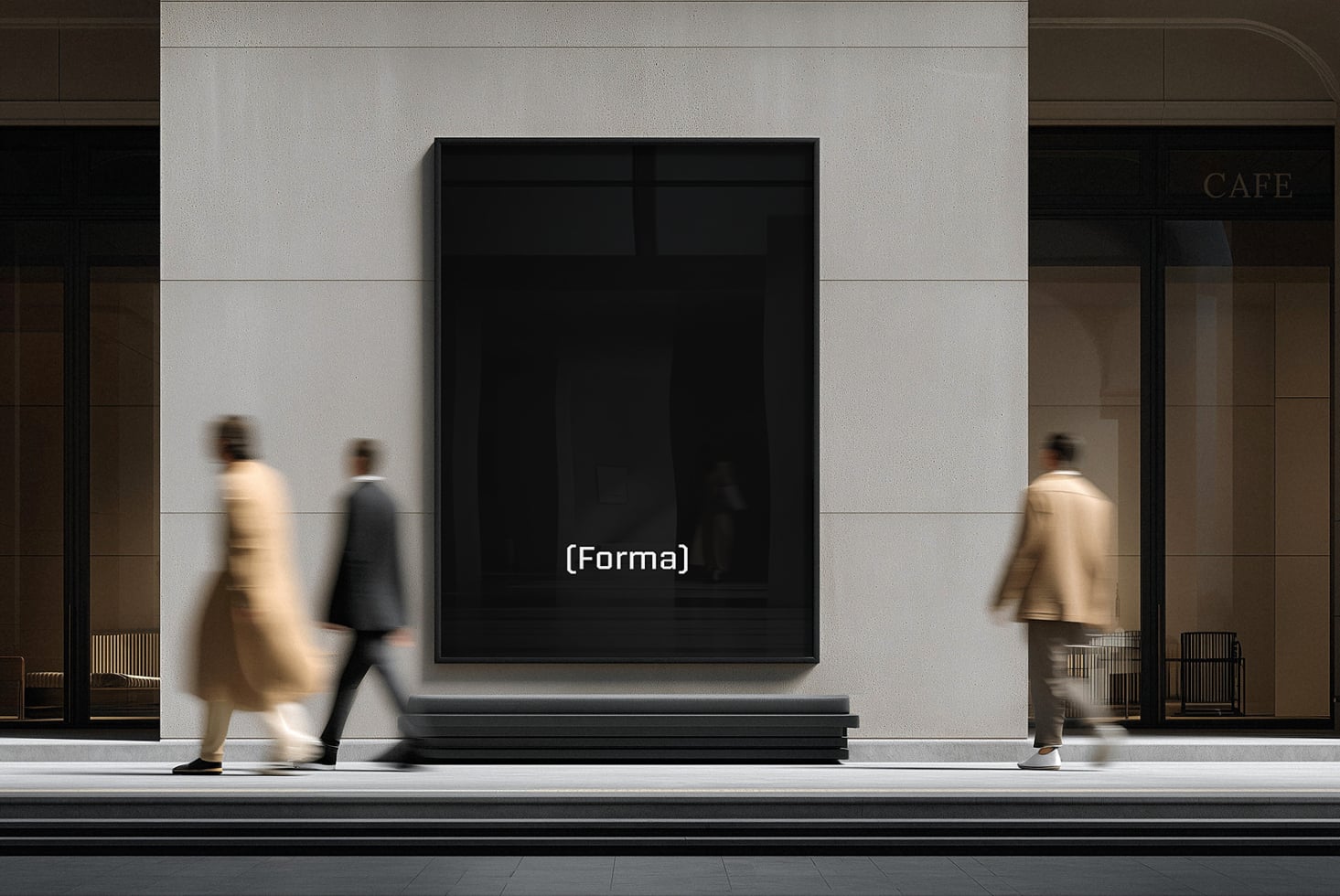 Black display screen mounted on minimal storefront with blurred pedestrians walking by