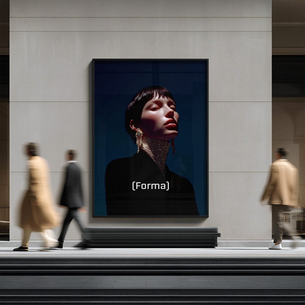 Fashion portrait displayed in window frame between storefront entrance doors