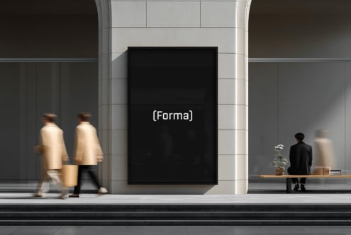 Blank black poster frame on tile wall with figures moving through contemporary space