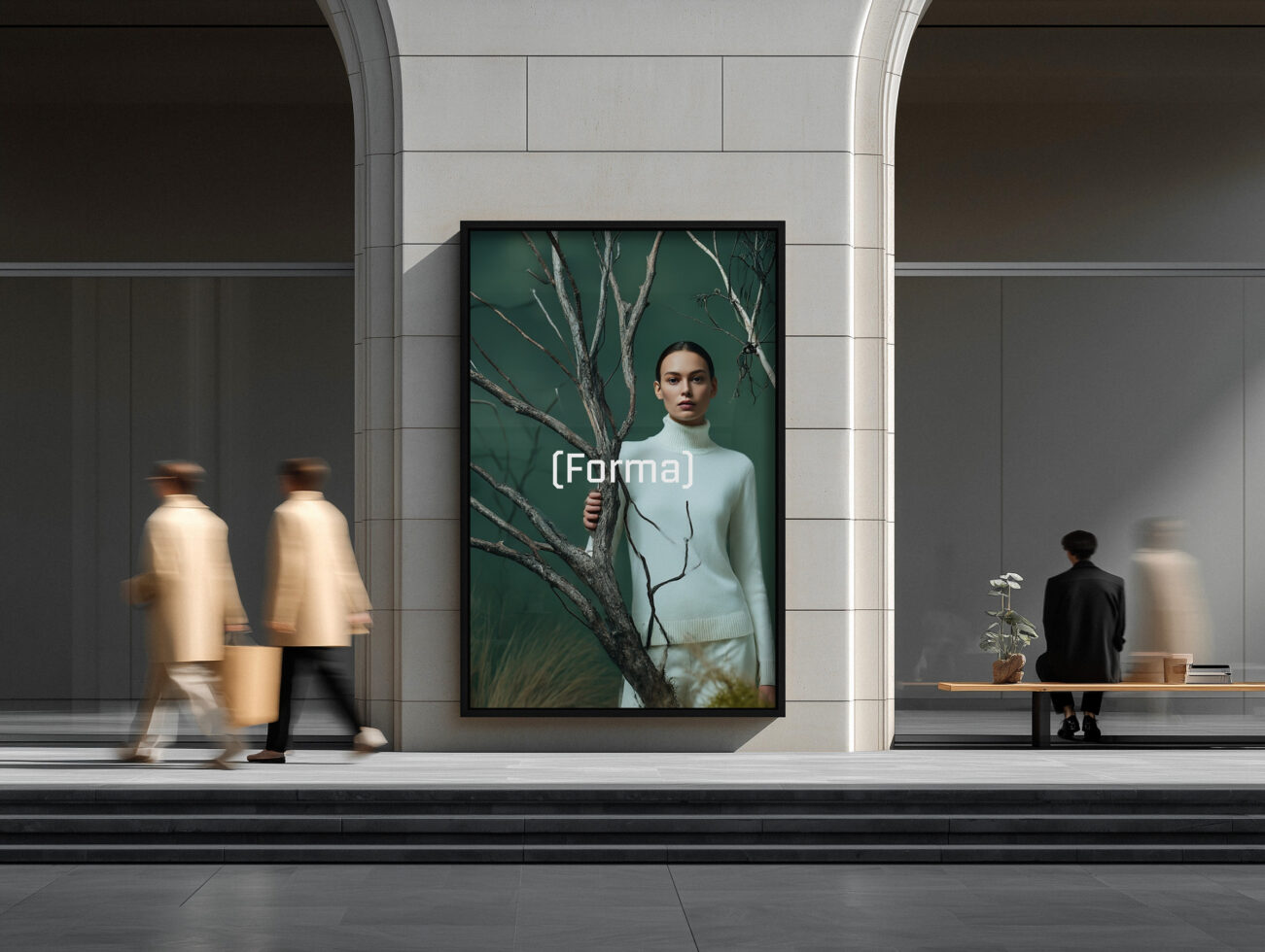 Framed portrait of woman holding branches against green backdrop on white wall
