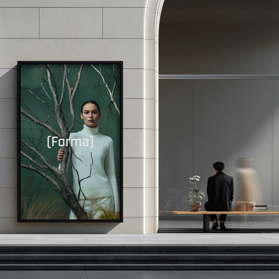 Woman in cream turtleneck holding dead branches against green backdrop in black frame