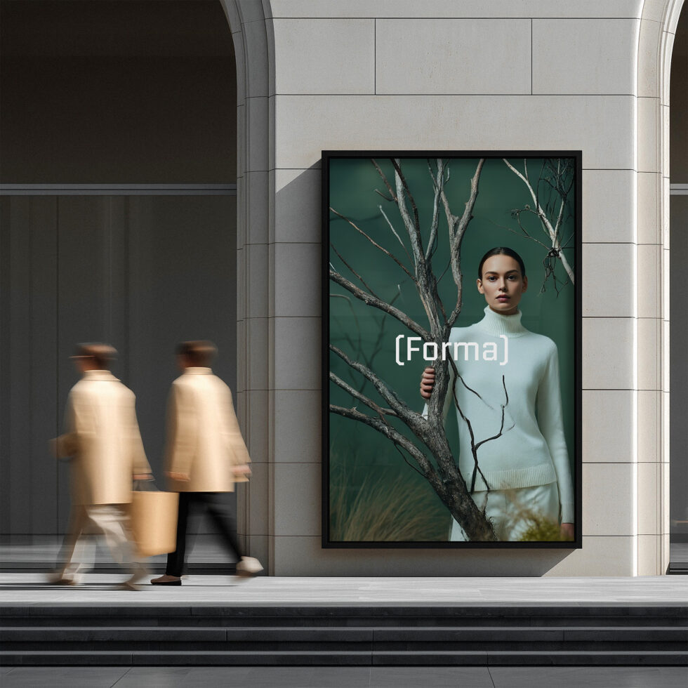 Woman posing with dead tree branches on emerald background in framed wall display