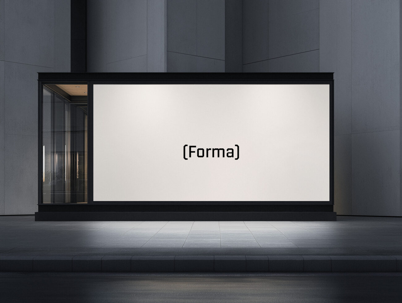 Modern storefront with white display window, glass door entrance, concrete facade