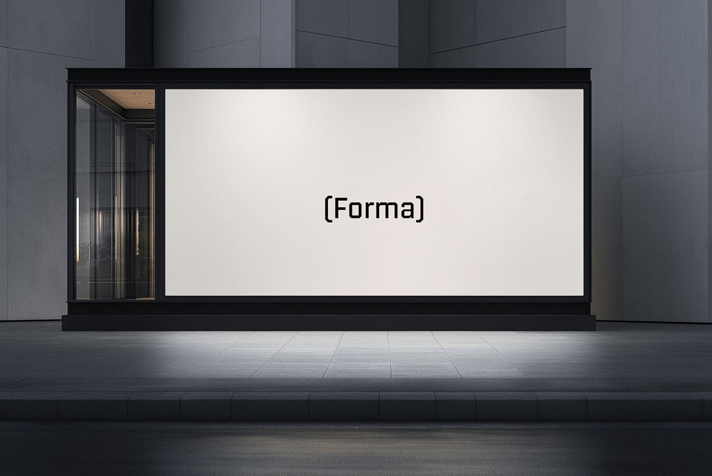 Retail storefront with white display screen, minimalist storefront design