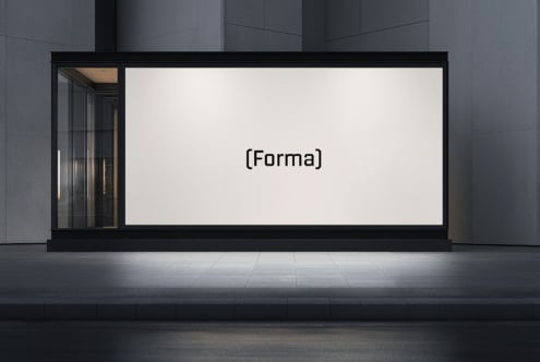 Retail storefront with white display screen, minimalist storefront design